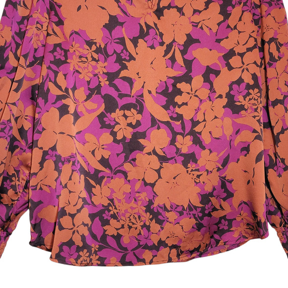 Pleione Floral Silky Blouse Scoop Neck Long Sleeve Purple Orange Black Top Large - Picture 10 of 13
